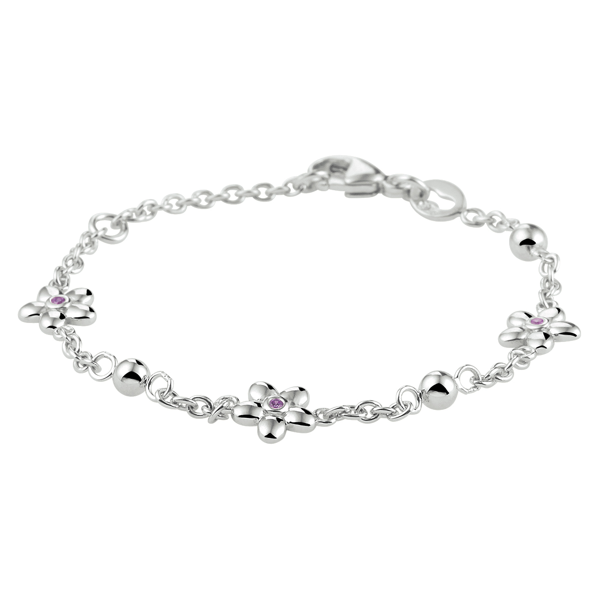 armband bloem roze zirkonia 11 - 13 cm zilver gerhodineerd