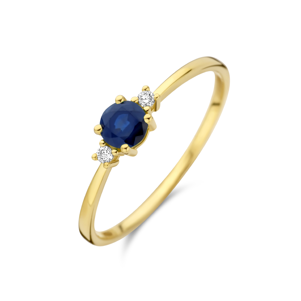 ring trilogie saffier en diamant 0.03ct (2x 0.015ct) h p1 14K geelgoud